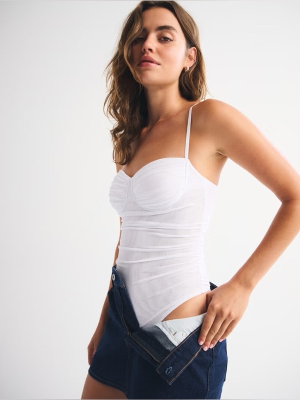NWT Abercrombie & Fitch White Ruched Bustier Bodysuit with Adjustable Straps